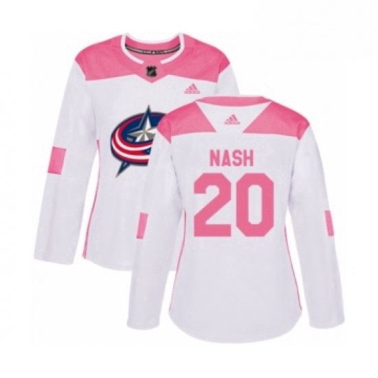 Womens Adidas Columbus Blue Jackets 20 Riley Nash Authentic White Pink Fashion NHL Jersey