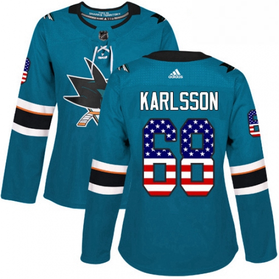 Womens Adidas San Jose Sharks 68 Melker Karlsson Authentic Teal Green USA Flag Fashion NHL Jersey