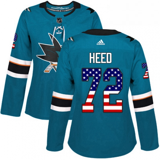 Womens Adidas San Jose Sharks 72 Tim Heed Authentic Teal Green USA Flag Fashion NHL Jersey