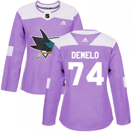 Womens Adidas San Jose Sharks 74 Dylan DeMelo Authentic Purple Fights Cancer Practice NHL Jersey