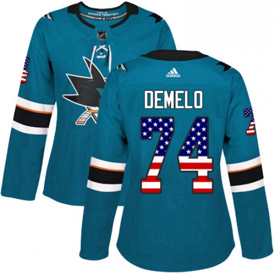 Womens Adidas San Jose Sharks 74 Dylan DeMelo Authentic Teal Green USA Flag Fashion NHL Jersey