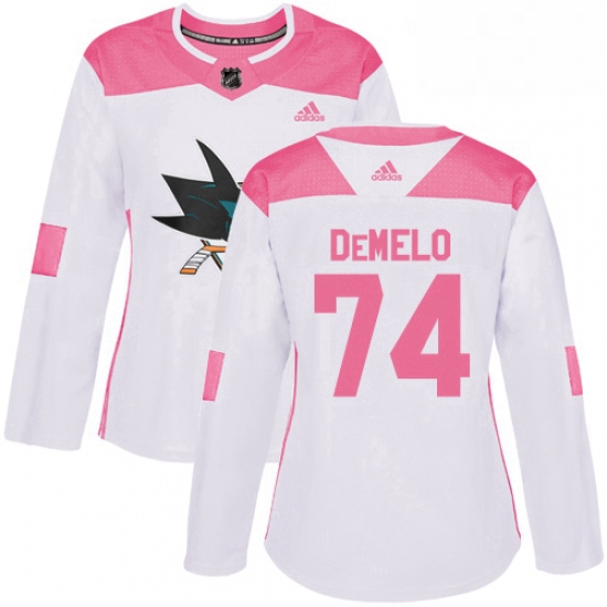 Womens Adidas San Jose Sharks 74 Dylan DeMelo Authentic WhitePink Fashion NHL Jersey