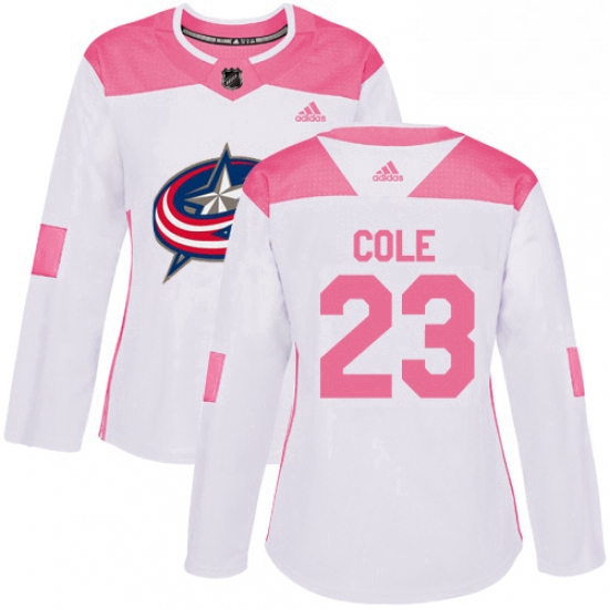 Womens Adidas Columbus Blue Jackets 23 Ian Cole Authentic White Pink Fashion NHL Jersey