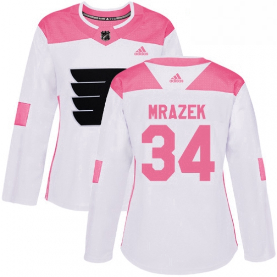 Womens Adidas Philadelphia Flyers 34 Petr Mrazek Authentic White Pink Fashion NHL Jersey