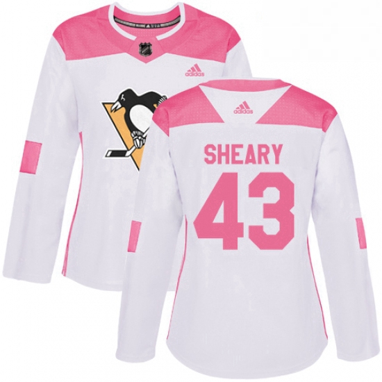 Womens Adidas Pittsburgh Penguins 43 Conor Sheary Authentic WhitePink Fashion NHL Jersey