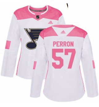 Womens Adidas St Louis Blues 57 David Perron Authentic White Pink Fashion NHL Jersey