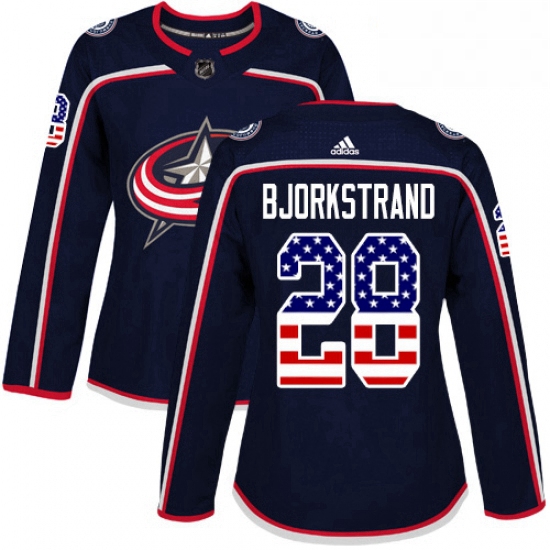 Womens Adidas Columbus Blue Jackets 28 Oliver Bjorkstrand Authentic Navy Blue USA Flag Fashion NHL J