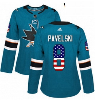 Womens Adidas San Jose Sharks 8 Joe Pavelski Authentic Teal Green USA Flag Fashion NHL Jersey