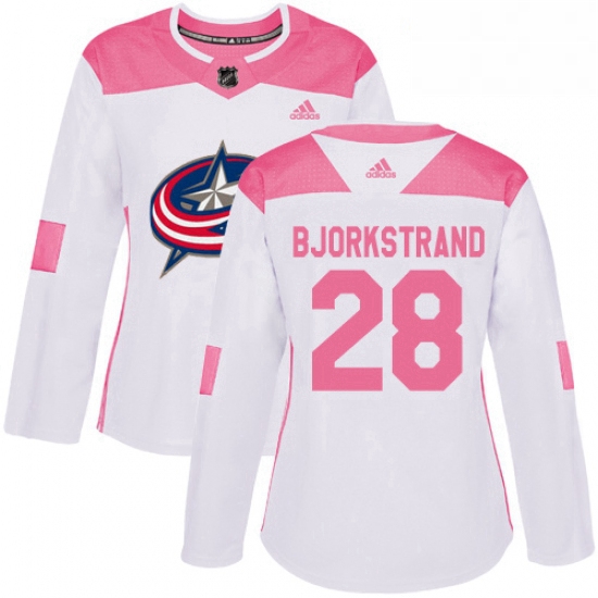 Womens Adidas Columbus Blue Jackets 28 Oliver Bjorkstrand Authentic WhitePink Fashion NHL Jersey