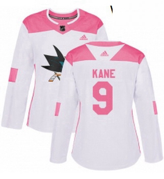 Womens Adidas San Jose Sharks 9 Evander Kane Authentic White Pink Fashion NHL Jerse