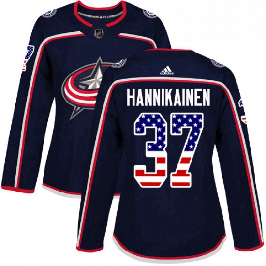 Womens Adidas Columbus Blue Jackets 37 Markus Hannikainen Authentic Navy Blue USA Flag Fashion NHL J