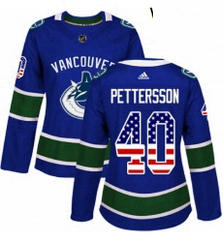 Womens Adidas Vancouver Canucks 40 Elias Pettersson Blue Home Authentic USA Flag Stitched NHL Jersey