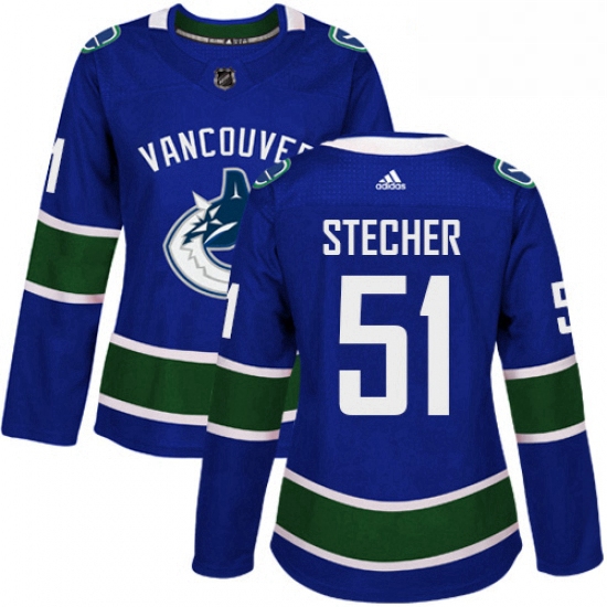 Womens Adidas Vancouver Canucks 51 Troy Stecher Premier Blue Home NHL Jersey