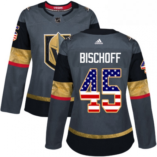 Womens Adidas Vegas Golden Knights 45 Jake Bischoff Authentic Gray USA Flag Fashion NHL Jersey