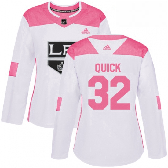 Womens Adidas Los Angeles Kings 32 Jonathan Quick Authentic WhitePink Fashion NHL Jersey