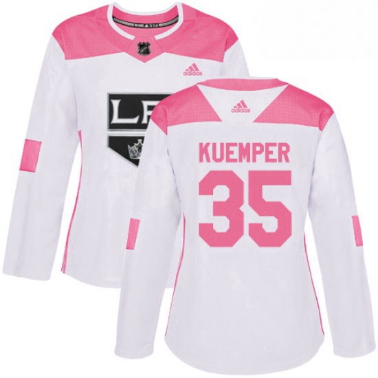 Womens Adidas Los Angeles Kings 35 Darcy Kuemper Authentic WhitePink Fashion NHL Jersey