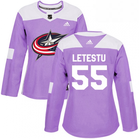 Womens Adidas Columbus Blue Jackets 55 Mark Letestu Authentic Purple Fights Cancer Practice NHL Jers