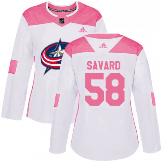 Womens Adidas Columbus Blue Jackets 58 David Savard Authentic WhitePink Fashion NHL Jersey