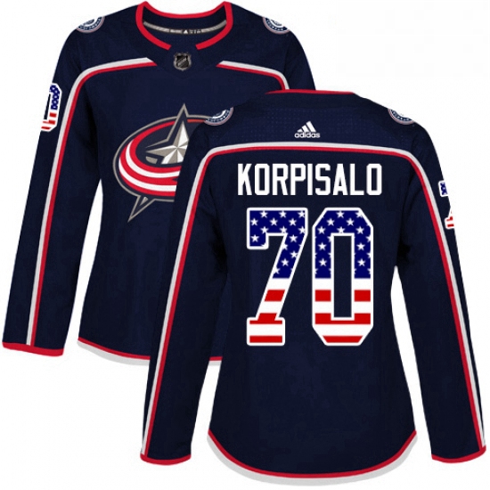 Womens Adidas Columbus Blue Jackets 70 Joonas Korpisalo Authentic Navy Blue USA Flag Fashion NHL Jer