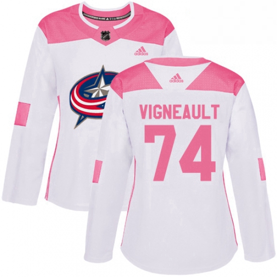 Womens Adidas Columbus Blue Jackets 74 Sam Vigneault Authentic WhitePink Fashion NHL Jersey