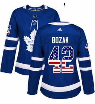 Womens Adidas Toronto Maple Leafs 42 Tyler Bozak Authentic Royal Blue USA Flag Fashion NHL Jersey