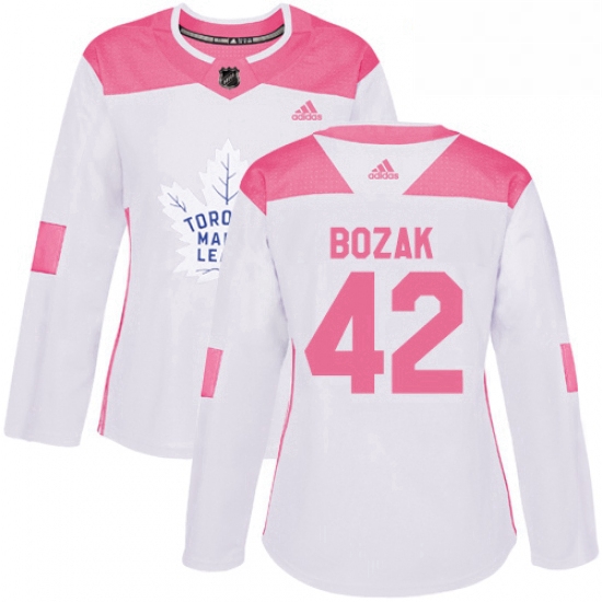 Womens Adidas Toronto Maple Leafs 42 Tyler Bozak Authentic WhitePink Fashion NHL Jersey