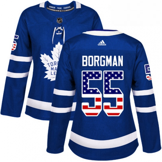 Womens Adidas Toronto Maple Leafs 55 Andreas Borgman Authentic Royal Blue USA Flag Fashion NHL Jerse