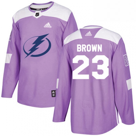 Mens Adidas Tampa Bay Lightning 23 JT Brown Authentic Purple Fights Cancer Practice NHL Jersey