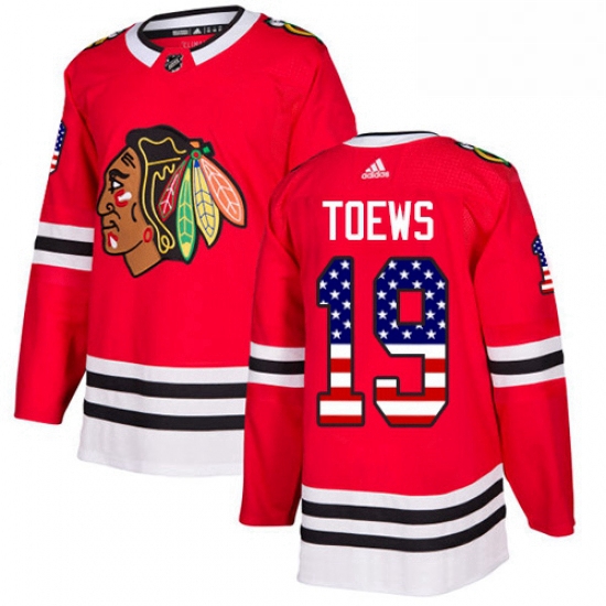 Mens Adidas Chicago Blackhawks 19 Jonathan Toews Authentic Red USA Flag Fashion NHL Jersey