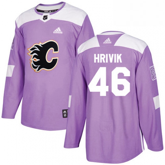 Mens Adidas Calgary Flames 46 Marek Hrivik Authentic Purple Fights Cancer Practice NHL Jersey