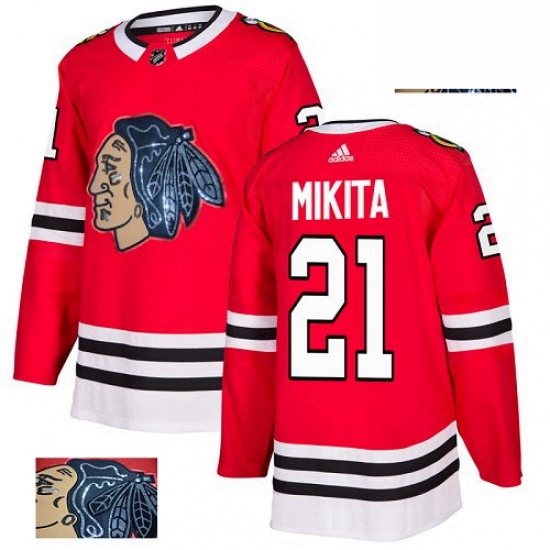 Mens Adidas Chicago Blackhawks 21 Stan Mikita Authentic Red Fashion Gold NHL Jersey