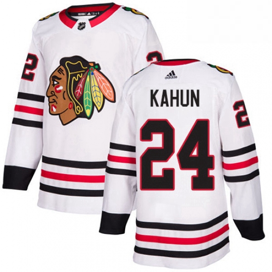 Mens Adidas Chicago Blackhawks 24 Dominik Kahun White Road Authentic Stitched NHL Jersey