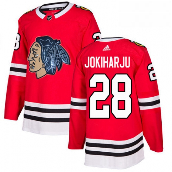 Mens Adidas Chicago Blackhawks 28 Henri Jokiharju Authentic Red Fashion Gold NHL Jersey