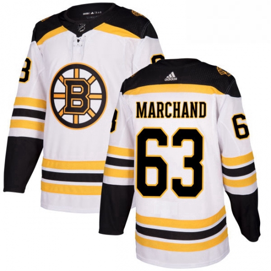 Mens Adidas Boston Bruins 63 Brad Marchand Authentic White Away NHL Jersey