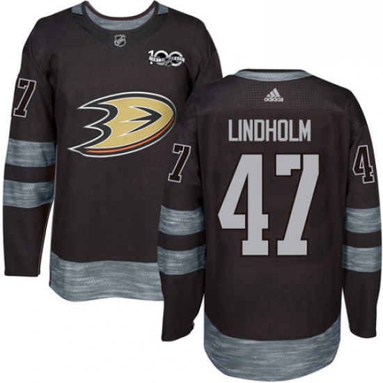 Mens Adidas Anaheim Ducks 47 Hampus Lindholm Authentic Black 1917 2017 100th Anniversary NHL Jersey