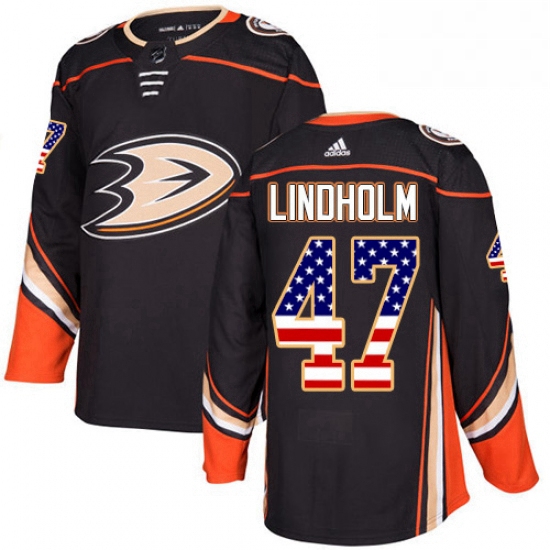 Mens Adidas Anaheim Ducks 47 Hampus Lindholm Authentic Black USA Flag Fashion NHL Jersey