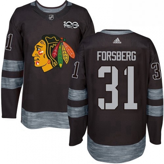 Mens Adidas Chicago Blackhawks 31 Anton Forsberg Authentic Black 1917 2017 100th Anniversary NHL Jer