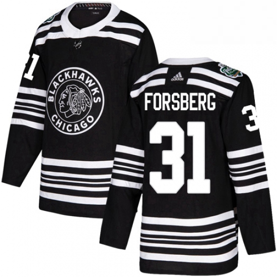 Mens Adidas Chicago Blackhawks 31 Anton Forsberg Authentic Black 2019 Winter Classic NHL Jersey