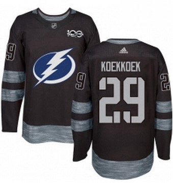 Mens Adidas Tampa Bay Lightning 29 Slater Koekkoek Authentic Black 1917 2017 100th Anniversary NHL J