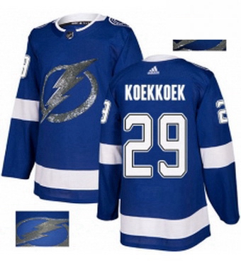 Mens Adidas Tampa Bay Lightning 29 Slater Koekkoek Authentic Royal Blue Fashion Gold NHL Jersey