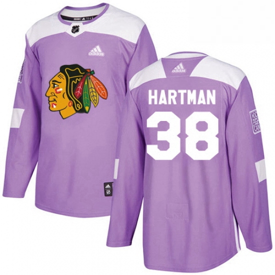 Mens Adidas Chicago Blackhawks 38 Ryan Hartman Authentic Purple Fights Cancer Practice NHL Jersey