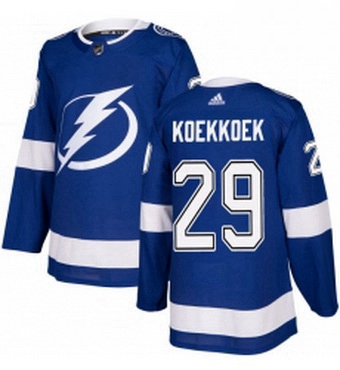 Mens Adidas Tampa Bay Lightning 29 Slater Koekkoek Authentic Royal Blue Home NHL Jersey