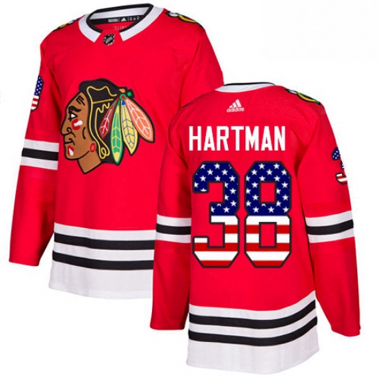 Mens Adidas Chicago Blackhawks 38 Ryan Hartman Authentic Red USA Flag Fashion NHL Jersey