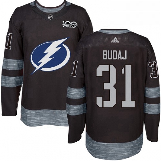 Mens Adidas Tampa Bay Lightning 31 Peter Budaj Authentic Black 1917 2017 100th Anniversary NHL Jerse