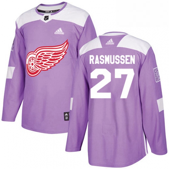 Mens Adidas Detroit Red Wings 27 Michael Rasmussen Authentic Purple Fights Cancer Practice NHL Jerse