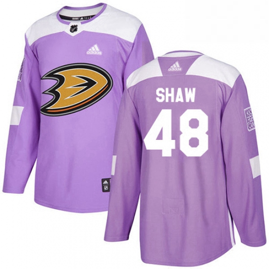 Mens Adidas Anaheim Ducks 48 Logan Shaw Authentic Purple Fights Cancer Practice NHL Jersey