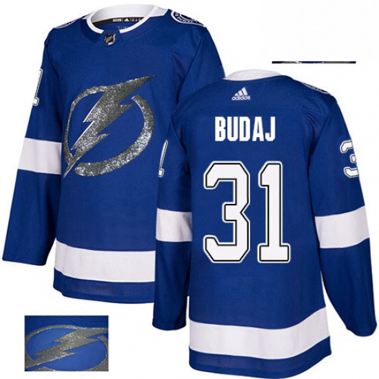 Mens Adidas Tampa Bay Lightning 31 Peter Budaj Authentic Royal Blue Fashion Gold NHL Jersey