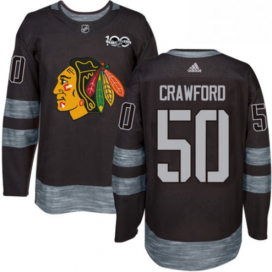 Mens Adidas Chicago Blackhawks 50 Corey Crawford Authentic Black 1917 2017 100th Anniversary NHL Jer