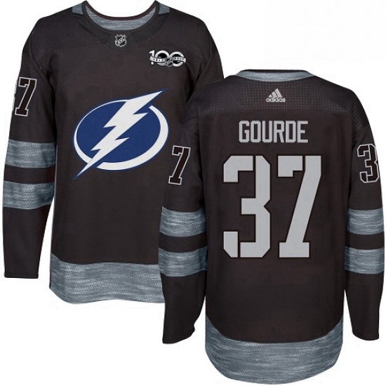 Mens Adidas Tampa Bay Lightning 37 Yanni Gourde Authentic Black 1917 2017 100th Anniversary NHL Jers