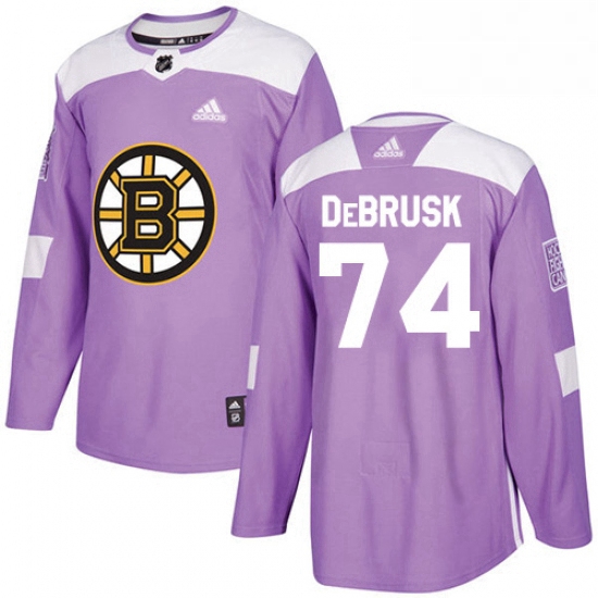 Mens Adidas Boston Bruins 74 Jake DeBrusk Authentic Purple Fights Cancer Practice NHL Jersey